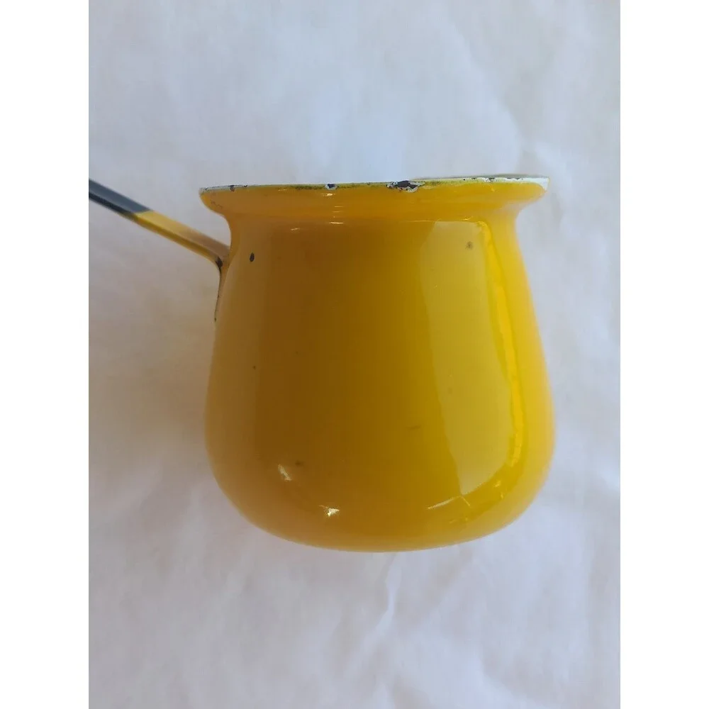 Vtg Butter Warmer Melter Coffee Milk Ladle Enamelware Yellow Primitive Stove Pot